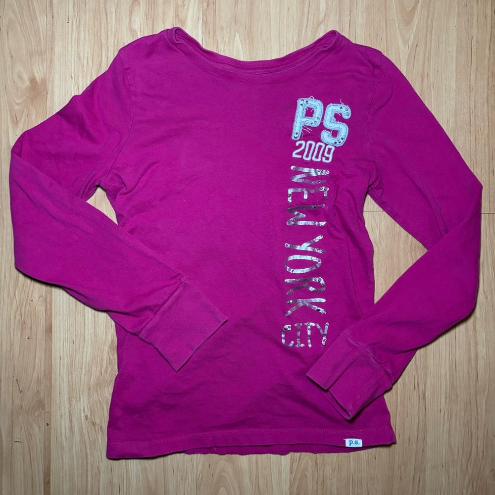 Girls Magenta and white PS NY long sleeve shirt size 14 or XL